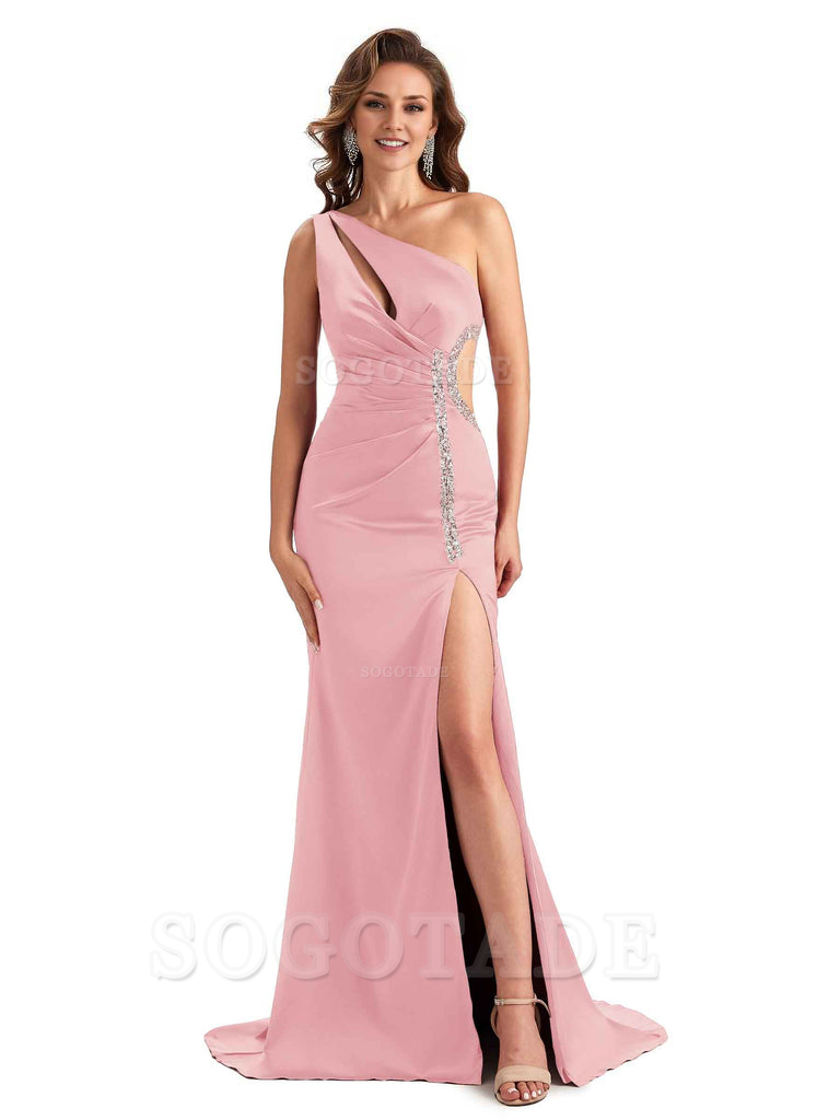 Sexy Side Slit Mermaid Soft Satin One Shoulder Lace Long Bridesmaid Dresses