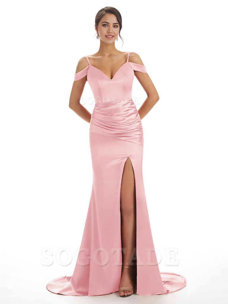 Mermaid Off The Shoulder Satin formal dresses evening gown Bridesmaid Dresses With Side Slit 