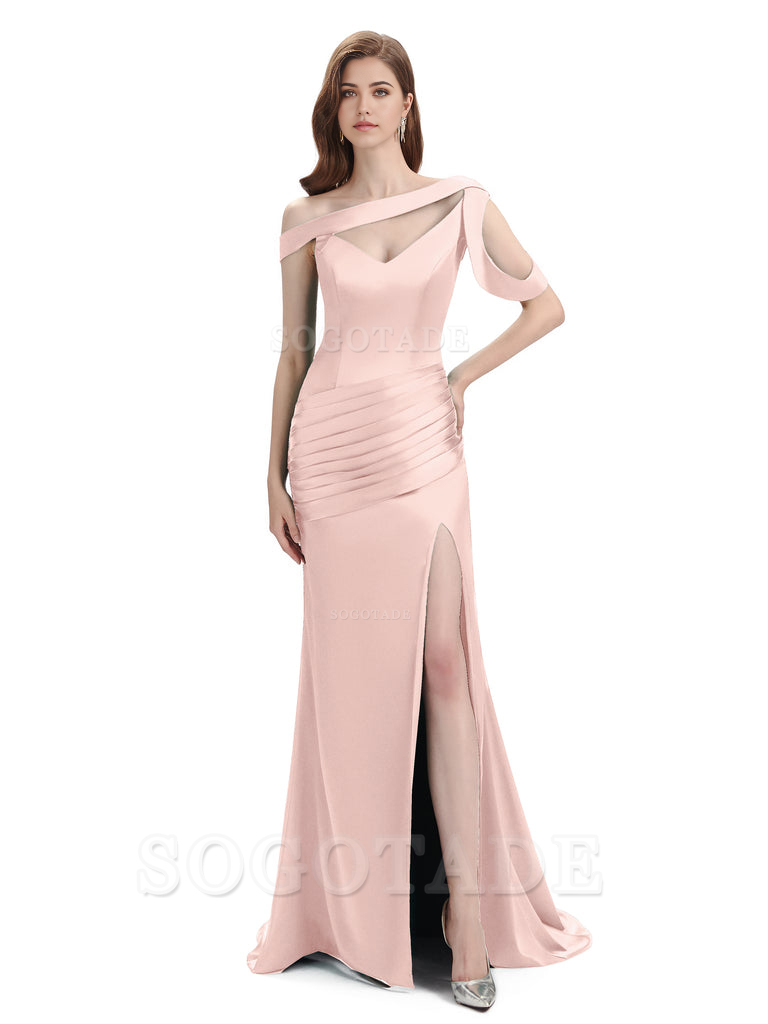 Mermaid V-Neck Satin Floor-Length formal dresses evening gown Bridesmaid Dresses With Side Slit 