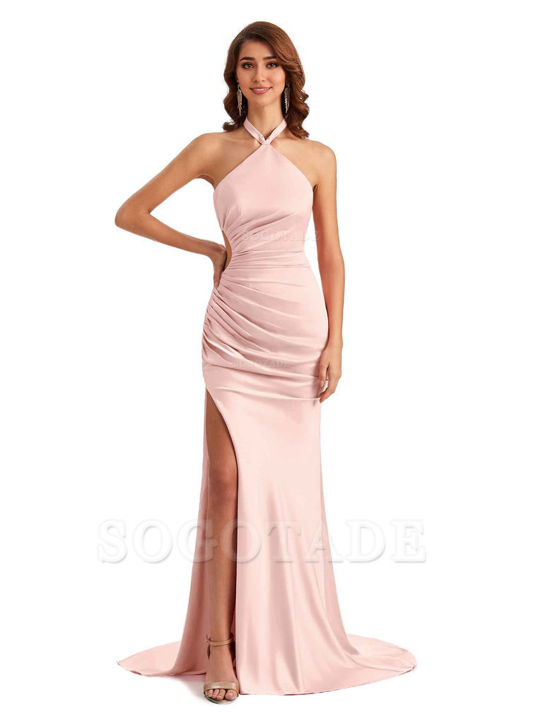 Sexy Halter Mermaid Silky Satin Unique Long Formal Wedding Guest Dresses