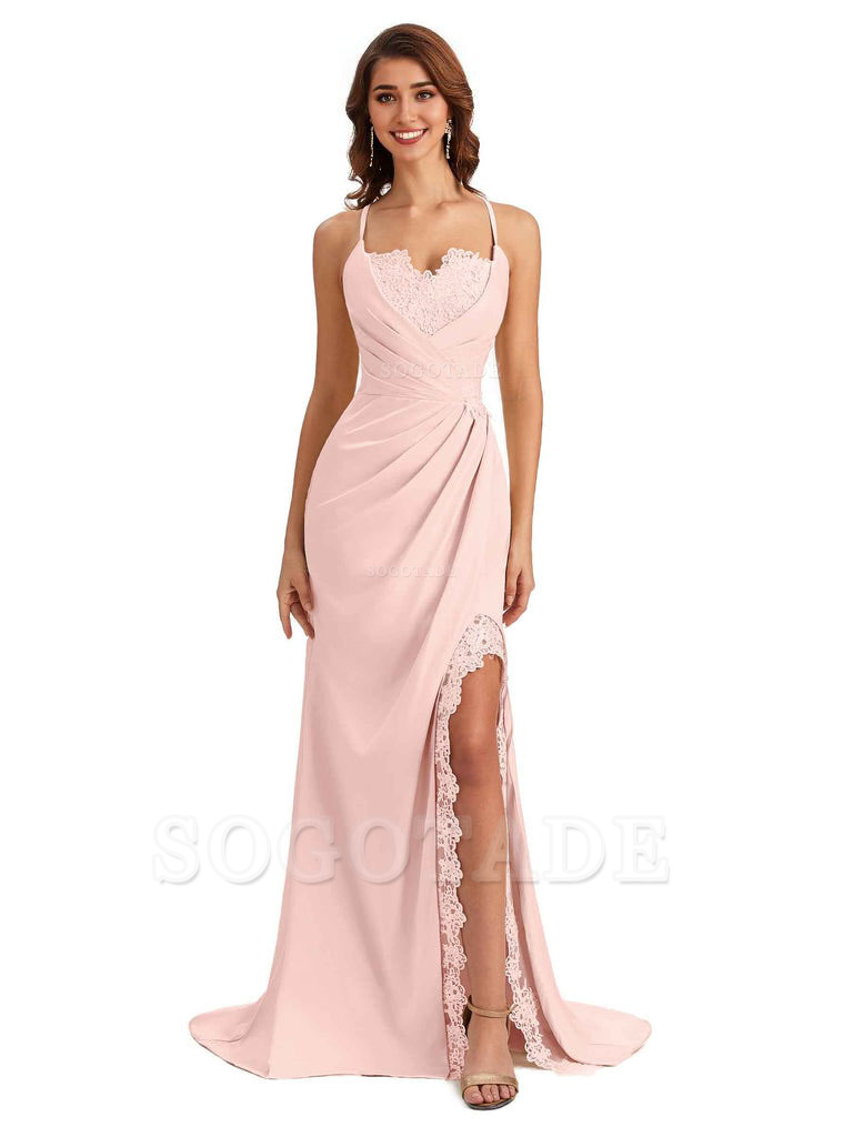 Sexy Side Slit Spaghetti Straps Lace Mermaid Silky Satin Wedding Guest Dresses