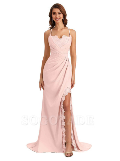 Sexy Side Slit Spaghetti Straps Lace Mermaid Silky Satin Wedding Guest Dresses