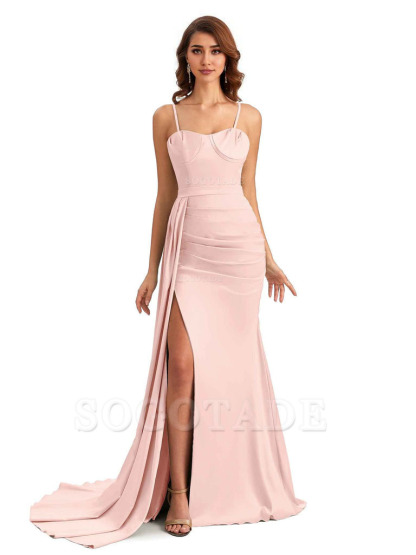 Sexy Spaghetti Straps Side Slit Mermaid Unique Long Bridesmaid Dresses In Satin