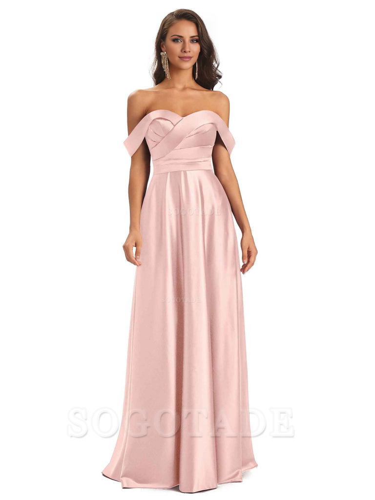 Sexy Soft Satin Off The Shoulder A-Line Long Bridesmaid Dresses Elegant Evening Party Dress