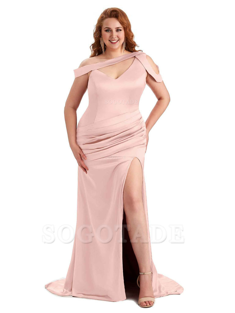 Sexy V-Neck Side Slit Unique Mermaid Soft Satin Long Plus Size Bridesmaid Dress For Wedding