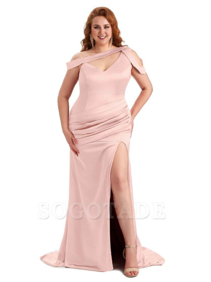 Sexy V-Neck Side Slit Unique Mermaid Soft Satin Long Plus Size Bridesmaid Dress For Wedding