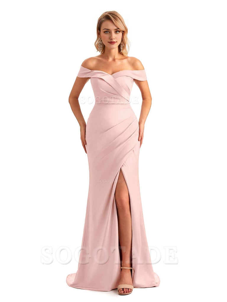 Off Shoulder Side Slit Mermaid Silky Satin Unique Long Formal Wedding Guest Dresses Online