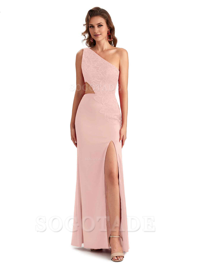 Sexy Side Slit Mermaid Lace Silky Satin One Shoulder Chic Long Bridesmaid Dresses