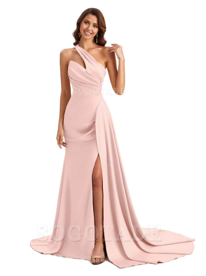 Mermaid One shoulder Satin formal dresses evening gown Bridesmaid Dresses With Side Slit 
