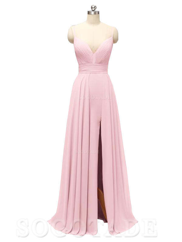 Honest Chiffon Spaghetti Straps Slit Long Bridesmaid Dresses prom shop dresses
