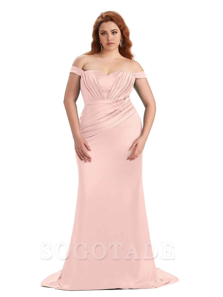 Sexy Mermaid Off The Shoulder Sweetheart Soft Satin Floor Length Long Plus Size Maid of Honor Dresses