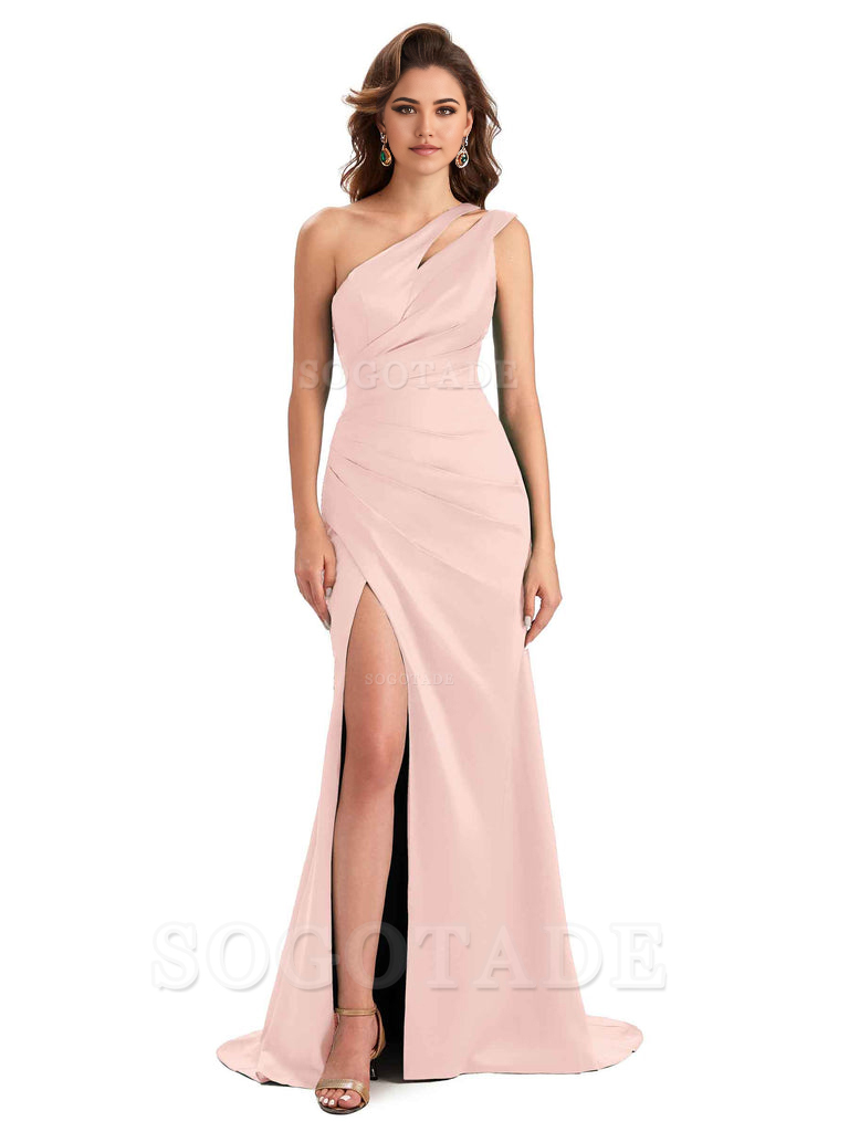 Mermaid One Shoulder Satin Sexy formal dresses evening gown Bridesmaid Dresses With Side Slit 