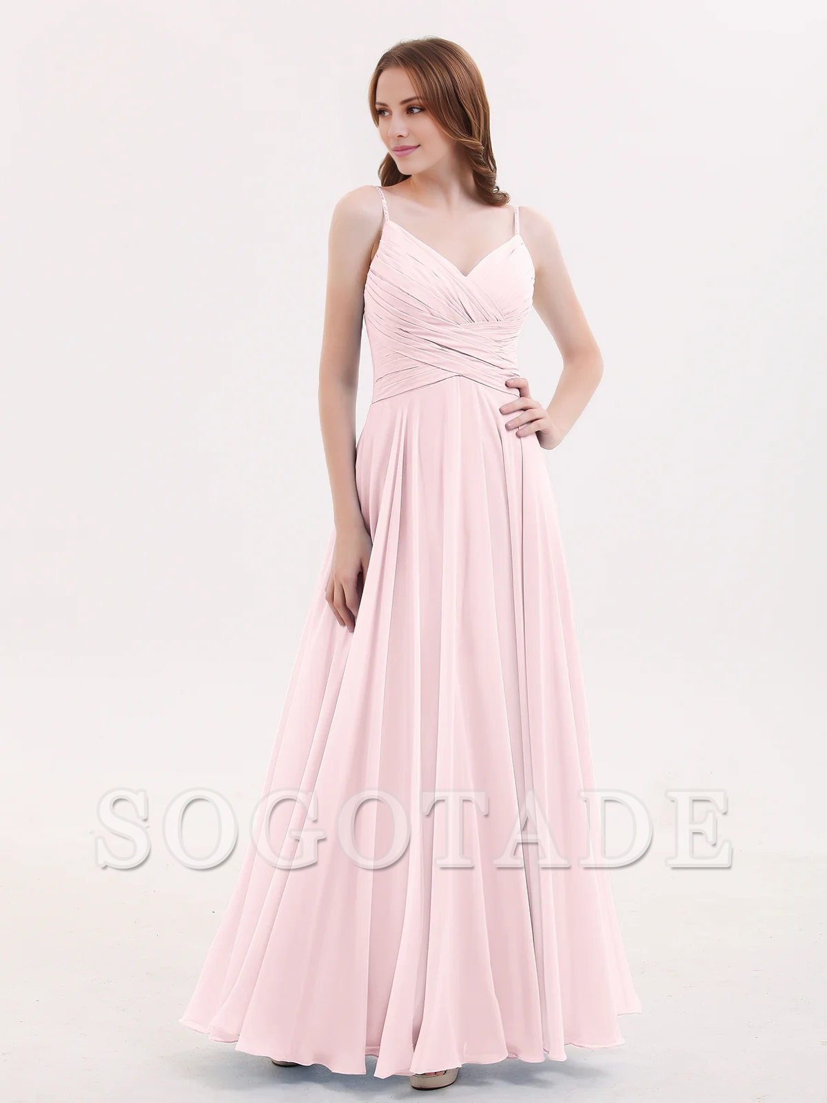 V-neck Fine Shoulder Strap Floor Length Chiffon Bridesmaid Dresses Online