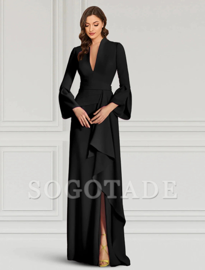 heath Evening Gown Elegant Black Dress Formal Cocktail Party Dress Floor Length Long Sleeve V Neck Fall Wedding Guest Stretch Fabric with Ruffles