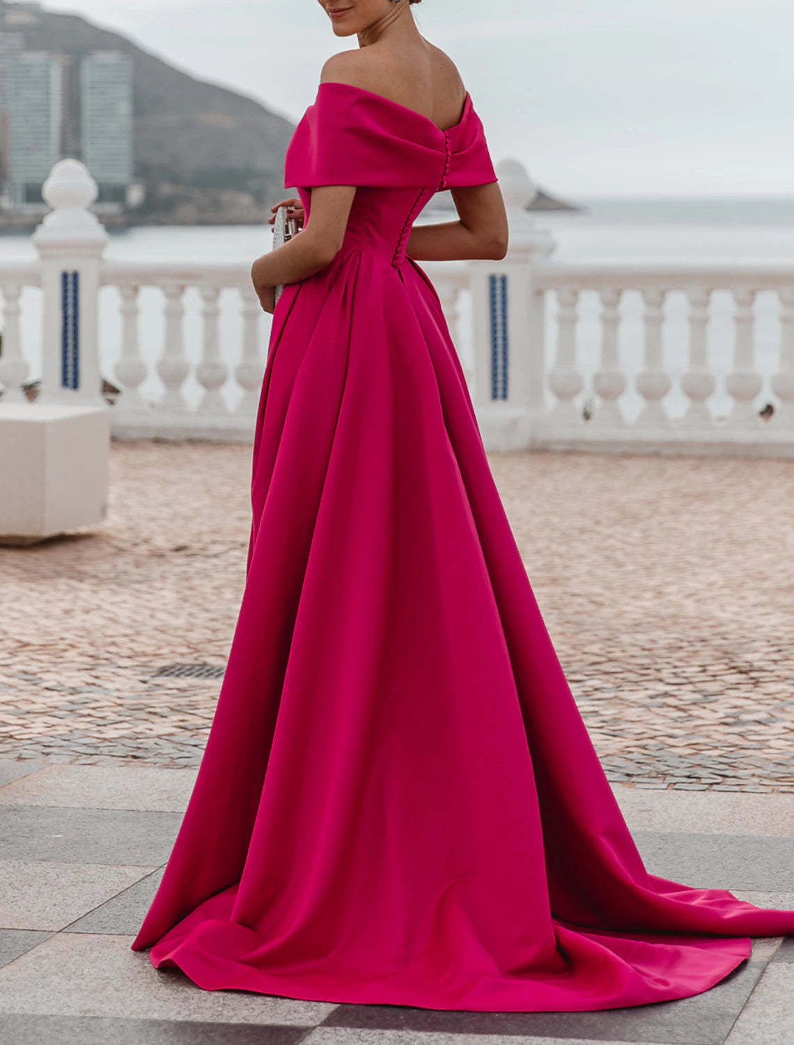 A-Line Evening Gown Party Dress Celebrity Style Dress Formal Wedding Court Train Sleeveless Off Shoulder Bridesmaid Dress Satin with Ruched Slit-SOGOTADE