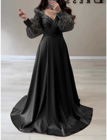 A-Line Evening Gown Sparkle & Shine Black Dress Formal Fall Sweep / Brush Train Long Sleeve V Neck Satin with Glitter Pleats Strappy 2024-SOGOTADE