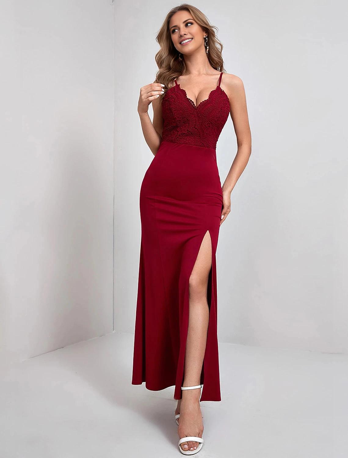 Sheath / Column Evening Gown Vintage Dress Party Wear Formal Evening Ankle Length Sleeveless Spaghetti Strap Nylon with Slit Lace Insert Pure Color