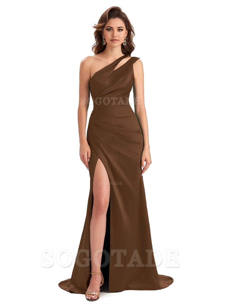 Mermaid One Shoulder Satin Sexy formal dresses evening gown Bridesmaid Dresses With Side Slit 
