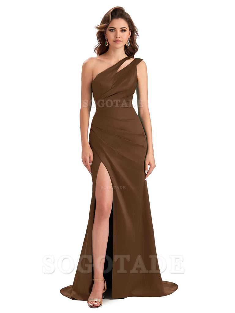 Mermaid One Shoulder Satin Sexy formal dresses evening gown Bridesmaid Dresses With Side Slit 