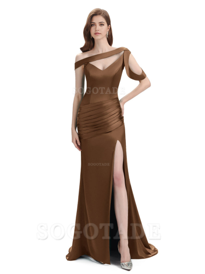 Mermaid V-Neck Satin Floor-Length formal dresses evening gown Bridesmaid Dresses With Side Slit 