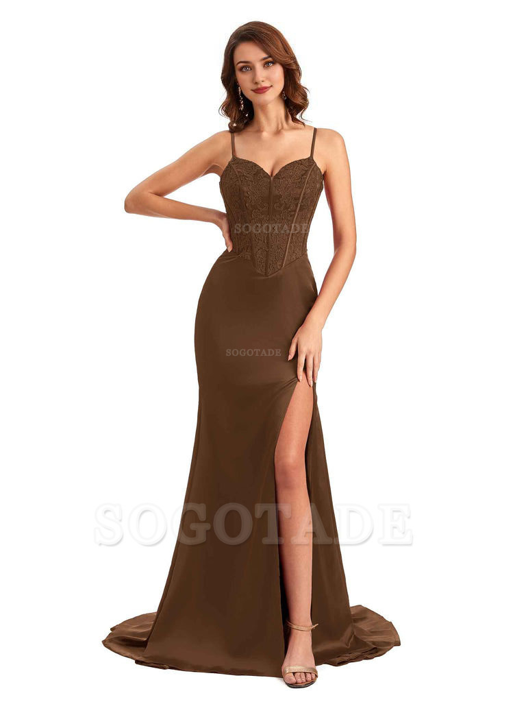 Sexy Side Slit Mermaid Silky Satin V-Neck Lace Unique Long Bridesmaid Dresses