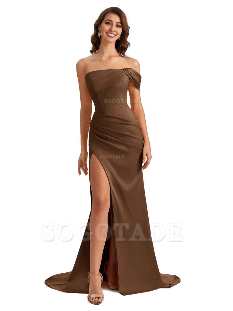 Unique One Shoulder Side Slit Satin Long Formal Dresses For Bridesmaid Dresses