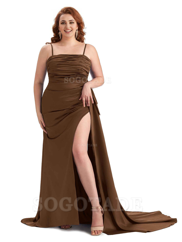 Sexy Side Slit Spaghetti Straps Mermaid Soft Satin Long Plus Size Bridesmaid Dresses Online