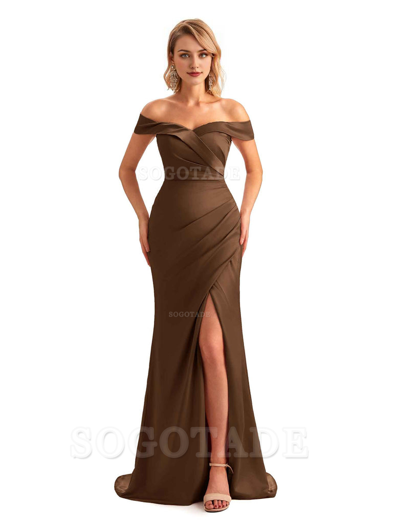 Off Shoulder Side Slit Mermaid Silky Satin Unique Long Formal Wedding Guest Dresses Online