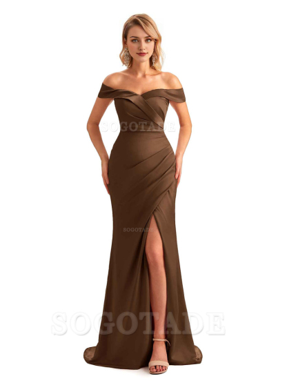 Off Shoulder Side Slit Mermaid Silky Satin Unique Long Formal Wedding Guest Dresses Online
