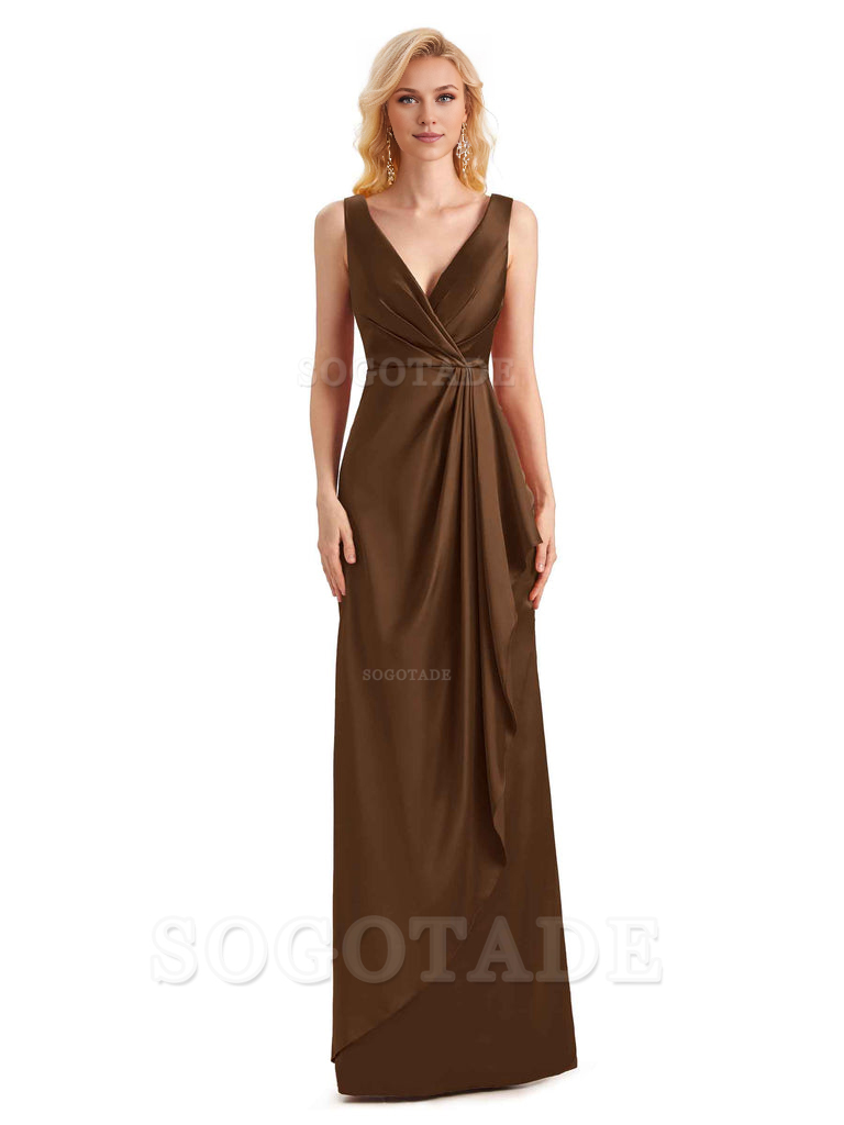 V Neck Elegant Soft Satin Formal Long Maid Bridesmaid Dresses Formal Wear Dresses