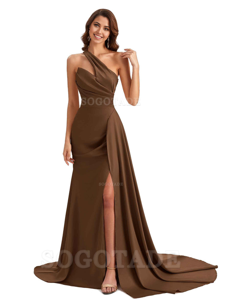 Mermaid One shoulder Satin formal dresses evening gown Bridesmaid Dresses With Side Slit 