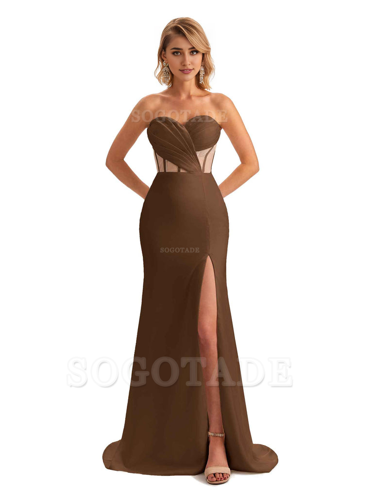 Sexy Sweetheart Strapless Side Slit Mermaid Soft Satin Unique Long Bridesmaid Dress For Wedding