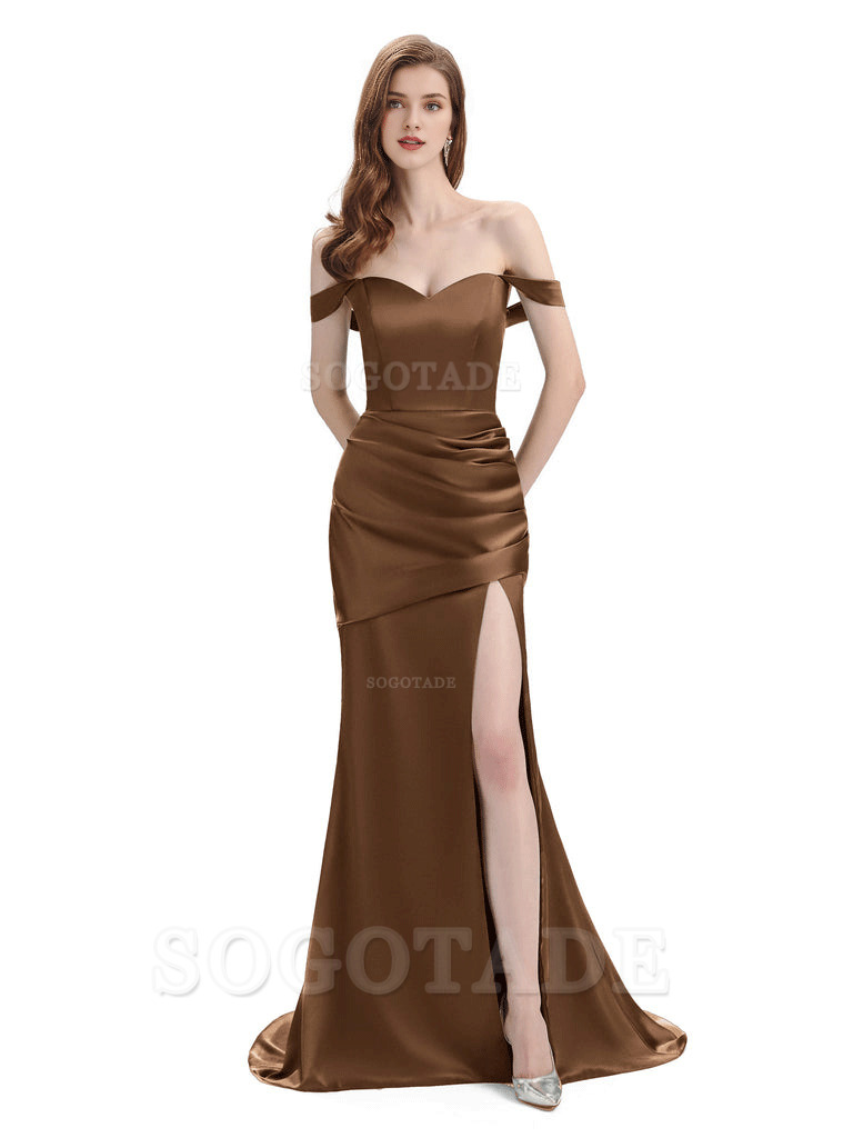 Sexy Soft Satin Side Hight Slit Off The Shoulder Floor-Length Mermaid Bridesmaid Dresses