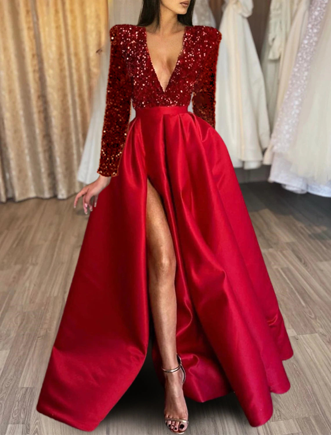 A-Line Evening Gown Red Green Dress Formal Black Dress Plus Size Wedding Court Train Half Sleeve V Neck Satin with Sequin Slit-SOGOTADE