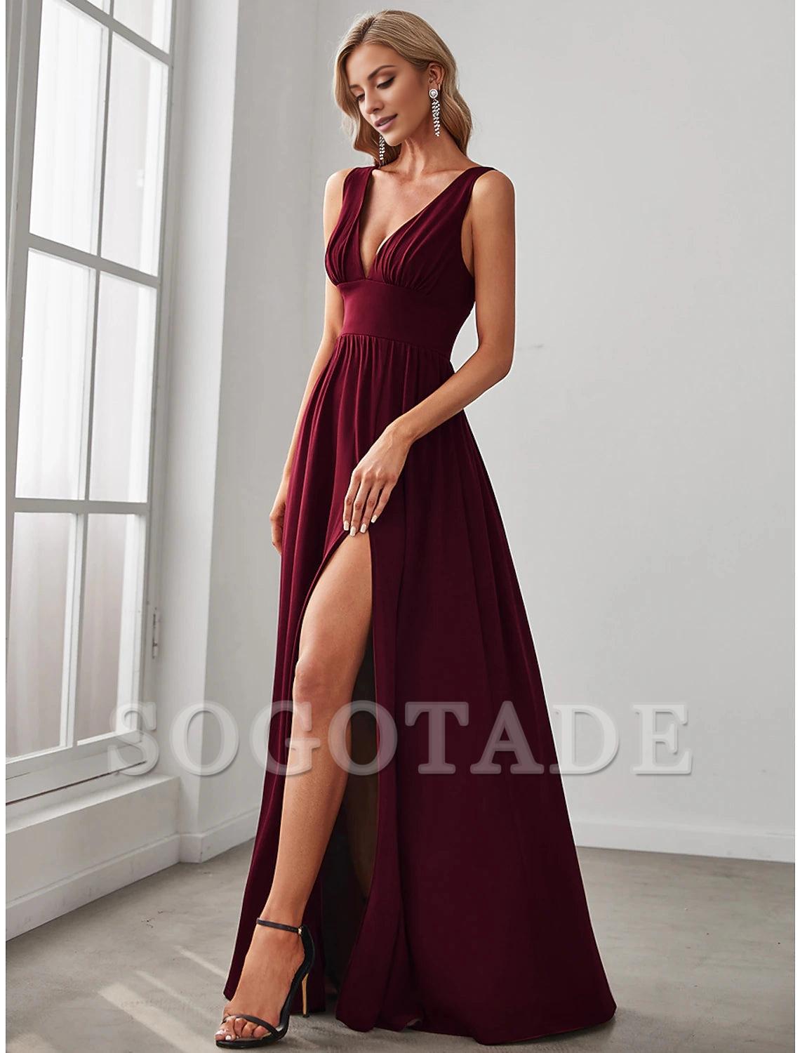 A-Line Prom Party Dress High Split Dress Wedding Guest Formal Evening Floor Length Sleeveless V Neck Bridesmaid Dress Chiffon V Back with Slit Pure Color