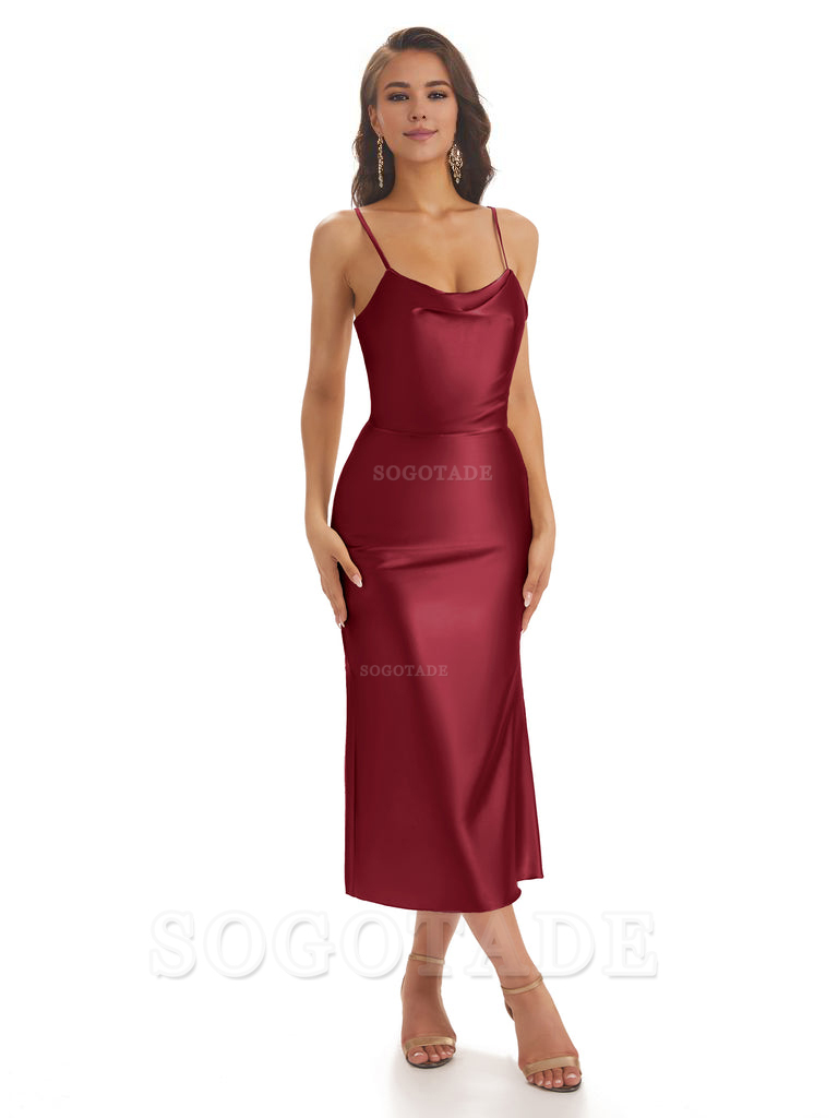 Sexy Soft Satin Spaghetti Strap Tea-Length Midi Short Bridesmaid Dresses prom shop dresses