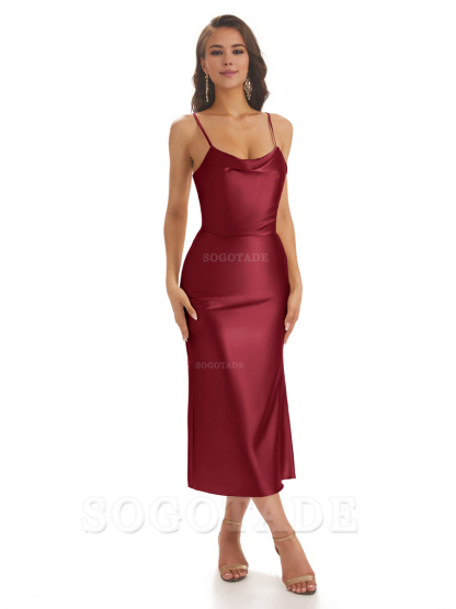 Sexy Soft Satin Spaghetti Strap Tea-Length Midi Short Bridesmaid Dresses prom shop dresses