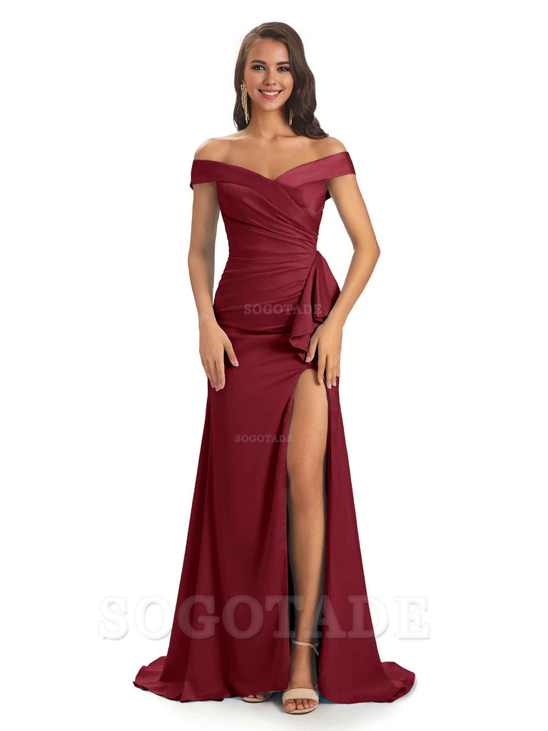 Sexy Soft Satin Side Slit Off The Shoulder Maxi Long Mermaid Bridesmaid Dresses prom shop dresses