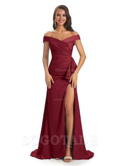 Sexy Soft Satin Side Slit Off The Shoulder Maxi Long Mermaid Bridesmaid Dresses prom shop dresses