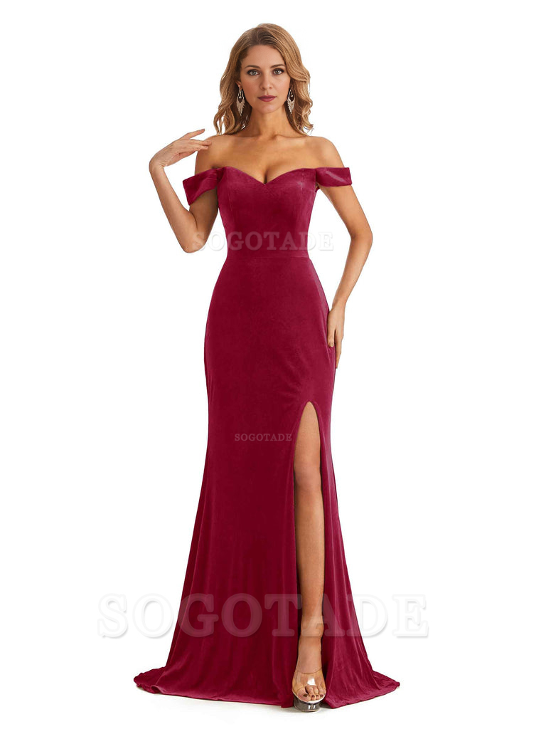 Elegant Simple Mermaid Off The Shoulder Backless Side Slit Velvet Long Charming Bridesmaid Dresses Formal Women's Dresses Wedding Guests Dresses