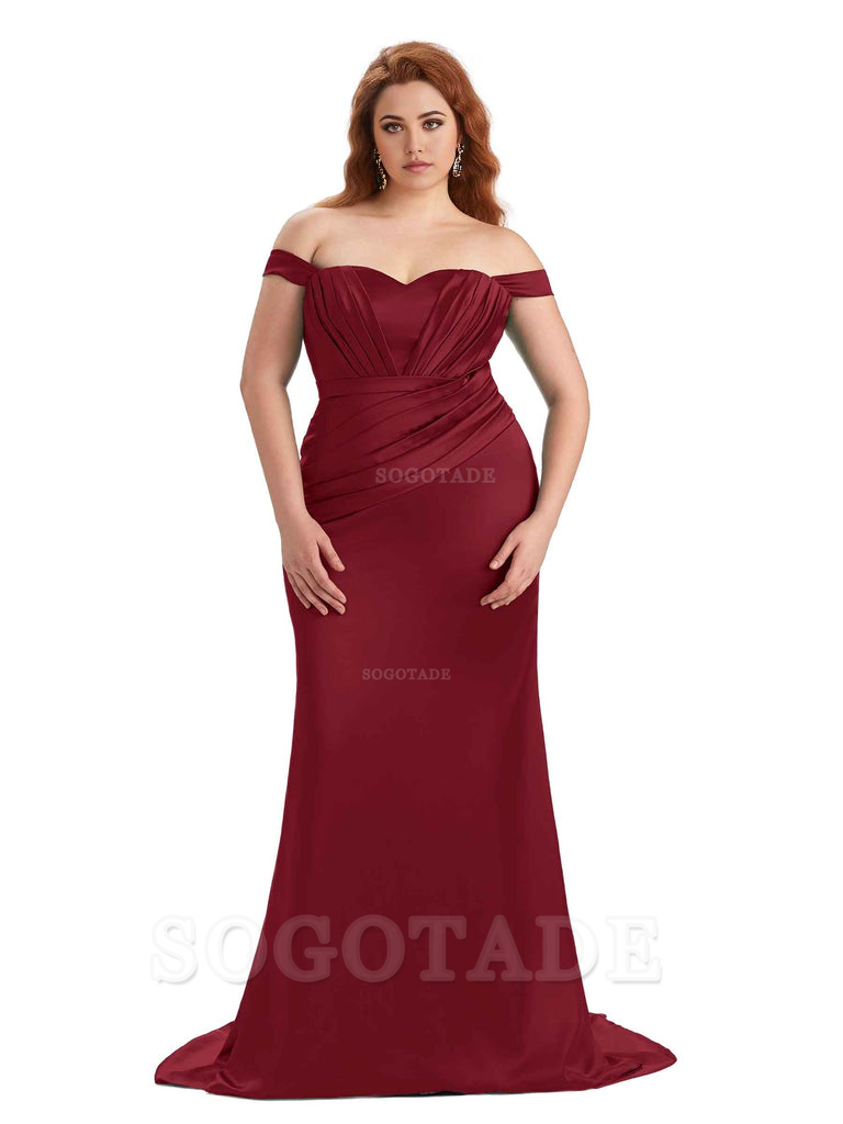 Sexy Mermaid Off The Shoulder Sweetheart Soft Satin Floor Length Long Plus Size Maid of Honor Dresses