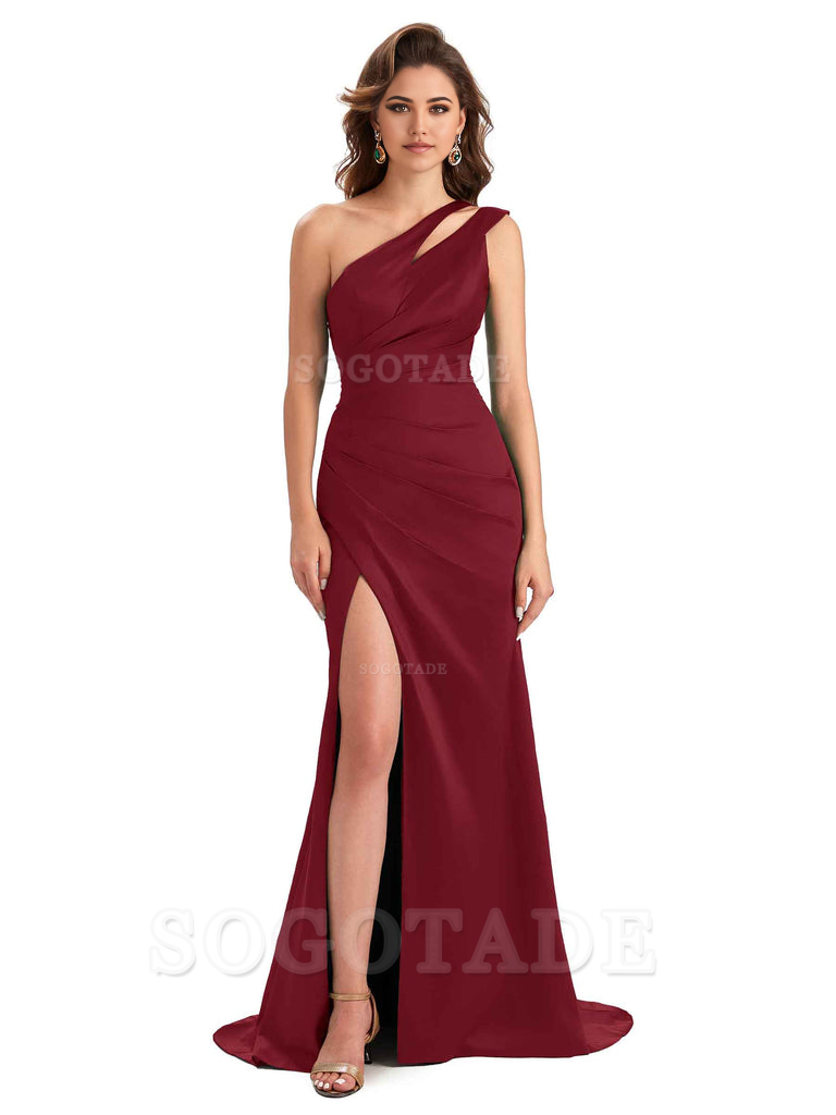 Mermaid One Shoulder Satin Sexy formal dresses evening gown Bridesmaid Dresses With Side Slit 