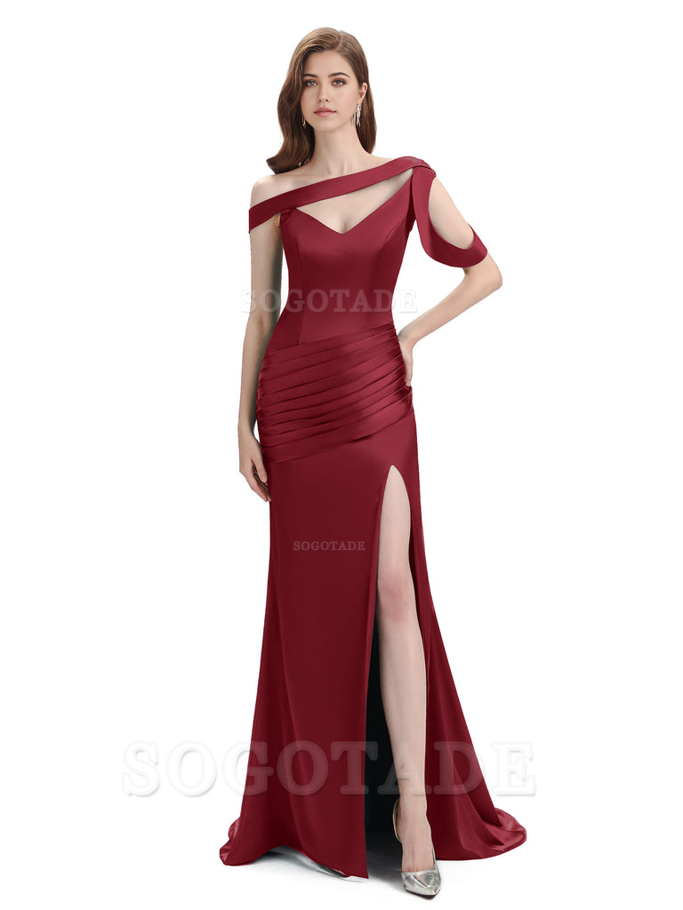 Mermaid V-Neck Satin Floor-Length formal dresses evening gown Bridesmaid Dresses With Side Slit 