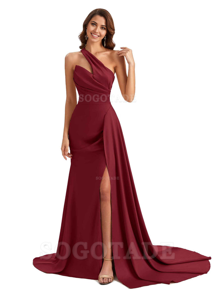 Mermaid One shoulder Satin formal dresses evening gown Bridesmaid Dresses With Side Slit 