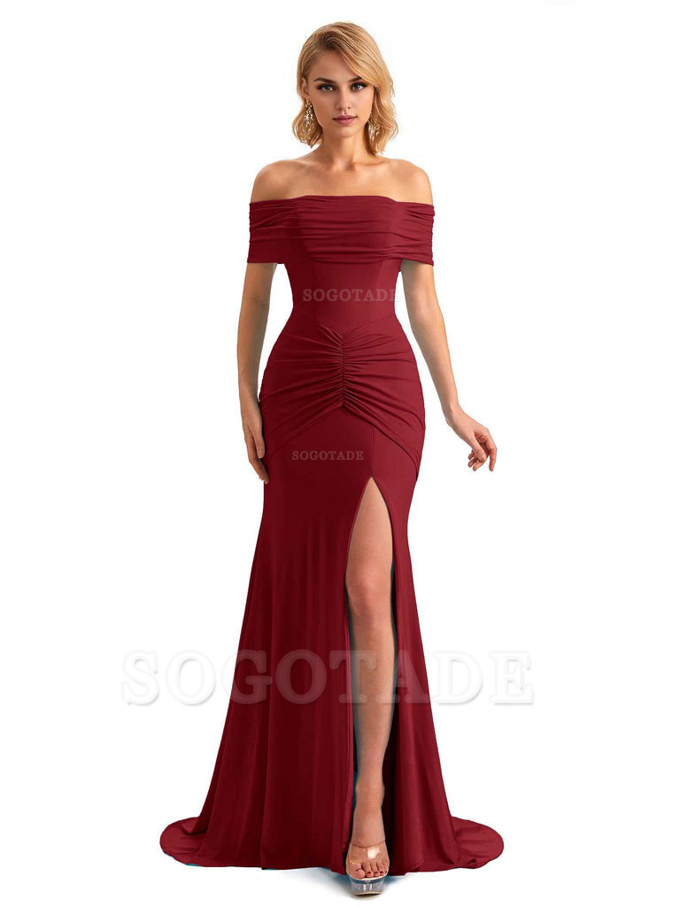 Elegant Mermaid Off The Shoulder Side Slit Stretchy Jersey Long Formal Bridesmaid Dresses