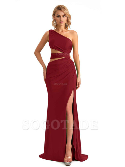 Elegant Mermaid One Shoulder Side Slit Stretchy Jersey Long Formal Bridesmaid Dresses