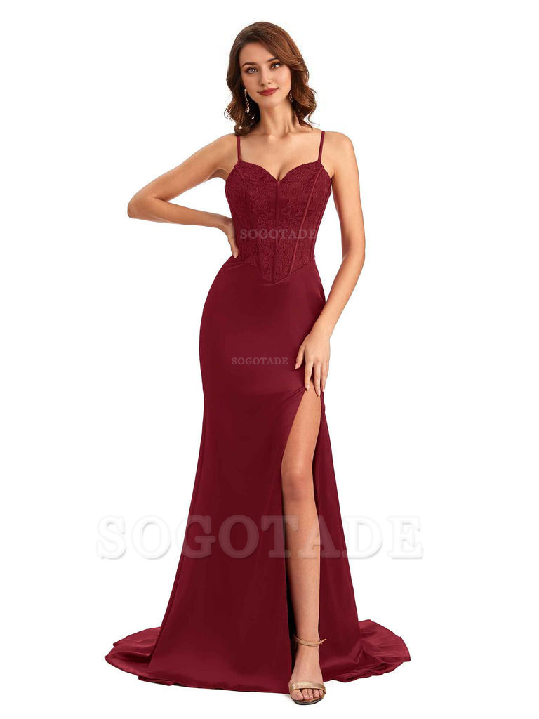 Sexy Side Slit Mermaid Silky Satin V-Neck Lace Unique Long Bridesmaid Dresses
