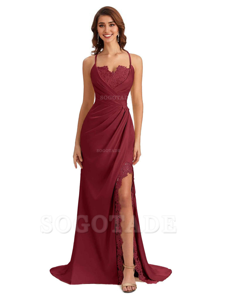 Sexy Side Slit Spaghetti Straps Lace Mermaid Silky Satin Wedding Guest Dresses