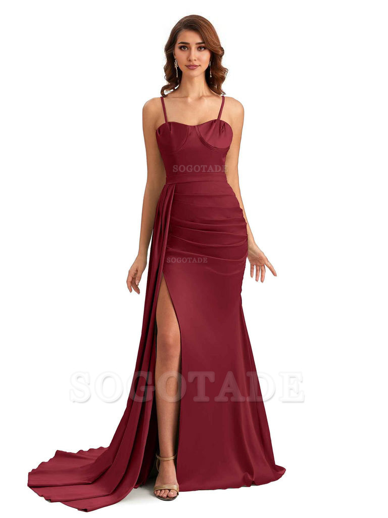 Sexy Spaghetti Straps Side Slit Mermaid Unique Long Bridesmaid Dresses In Satin