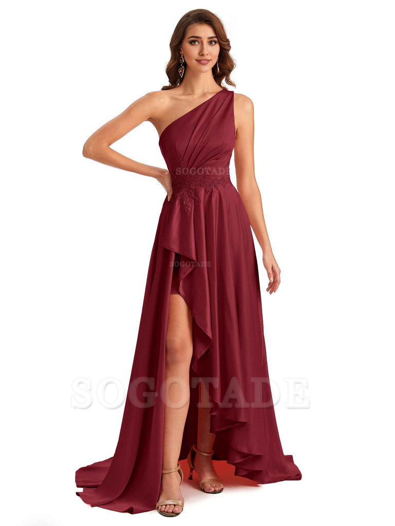 Sexy One Shoulder A-Line High Low Silky Satin Lace Long Formal Wedding Guest Dresses